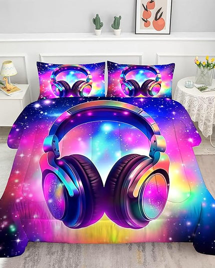 Galaxy Headphones Comforter Set Queen Purple Music Theme Bedding for Girls Kids Colorful Glitter Quilt 1 Comforter,2 Pillow Cases