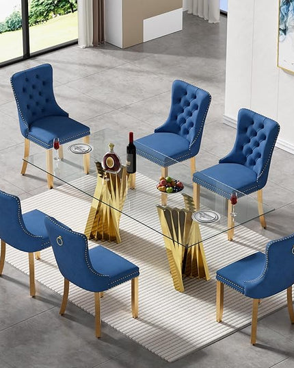 7 Piece Glass Dining Table Set,70" Dinner Room Glass Table Set for 6,Modern Kitchen Dinner Table Set with Stainless Steel Base and 6 Upholstered Velvet Dining Chairs for Living Dining Room