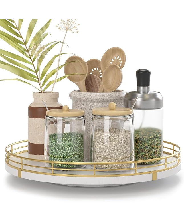 10" Wooden Lazy Susan Turntable for Cabinet – Rotating Spice Rack Organizer, Small Kitchen Countertop Tray for Dining Table & Pantry Storage (White & Gold)