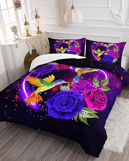 AILONEN 3D Hummingbird Comforter Set Queen Size, Lovely Heart Pattern with Rose Bedding Set for Girls Women,Deep Purple Galaxy Bed in a Bag,3 Pieces,1 Quilt and 2 Pillowcases,Soft Microfiber