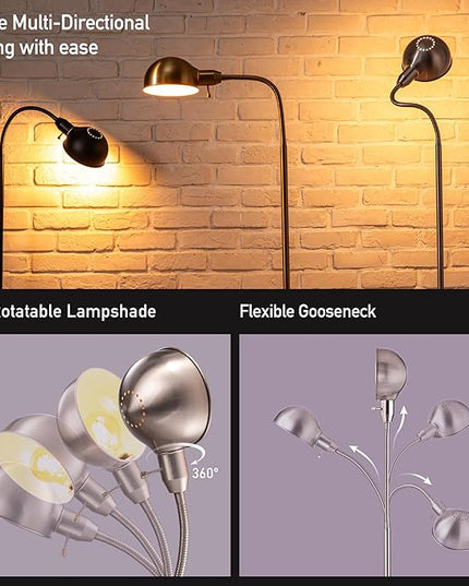 O'Bright Nova - Adjustable Floor Lamp with Flexible Gooseneck and Rotatable Shade, E26 Socket, 10-Inch Base - Ideal for Reading, Bedside, Living Room, Brushed Nickel