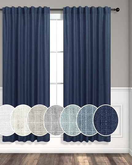 Navy Blue Curtains 63 Inch Length for Boys Room 2 Panel Back Tab Pocket Linen Semi Sheer Woven Textured Indigo Dark Blue Curtain for Kids Bedroom Nursery Game Playroom Nautical Farmhouse 52x63 Long