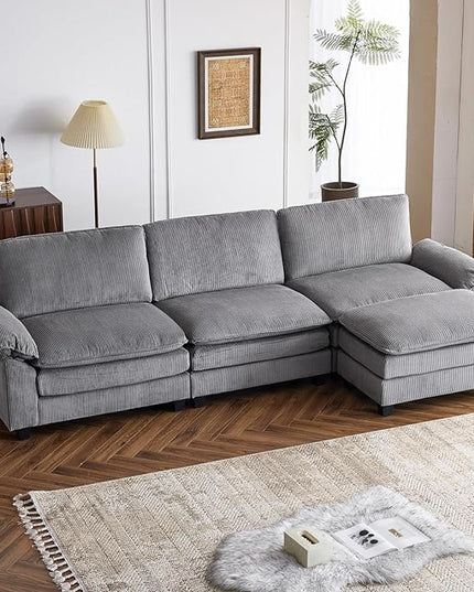 VINGLI 121" L Shape Sectional Couch, Convertible Sectional Couch for Small Living Room,Modern 3-Seat Convertible Loveseat Sofa with 1 Ottoman in Corduroy,Light Grey