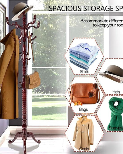 Coat Racks Free Standing with 14 Hooks, Natural Wood Coat Stands for Entryway, Adjustable Height 73 in Tree Coat Rack Stand for Hallway Home Office Bedroom (Mahogany triangle)