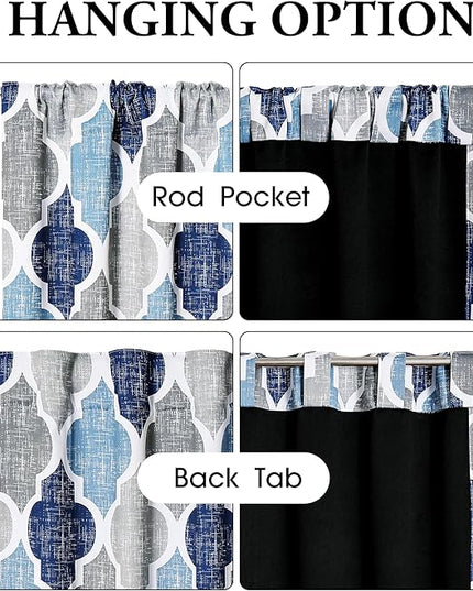 Beauoop 100% Blackout Curtains 63 Inches Long 2 Panels for Bedroom Living Room Blue Grey Moroccan Geo Room Darkening Thermal Insulated Soundproof Rod Pocket Back Tab Window Treatments Drapes, 50x63