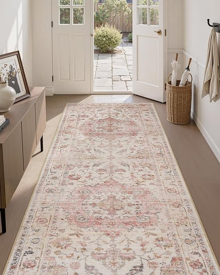 PADOOR-Vintage Runner Rug 2X10 Runners for Hallways-Soft Pink Washable Bedside Rugs for Bedroom-Non Slip Long Rug for Hallways Entryway Laundry Room Stair Kitchen Bathroom