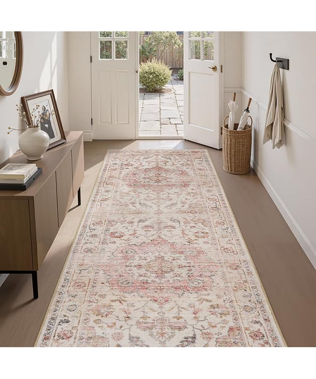 PADOOR-Vintage Runner Rug 2X10 Runners for Hallways-Soft Pink Washable Bedside Rugs for Bedroom-Non Slip Long Rug for Hallways Entryway Laundry Room Stair Kitchen Bathroom