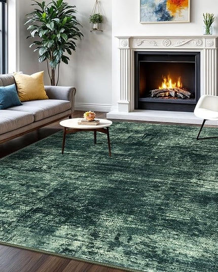 IOHOUZE Abstract Area Rugs 6x9 Ft Washable Rugs for Living Room, Non Slip Dining Room Rug, Printed Faux Wool Rugs for Bedroom, Floor Carpet for Office Nursery Playroom, Dark Green