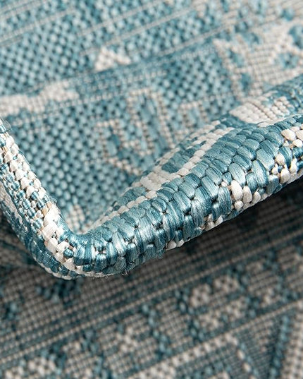 Rugs.com Outdoor Aztec Collection Rug – 6' x 9' Aqua Flatweave Rug Perfect for Living Rooms, Large Dining Rooms, Open Floorplans