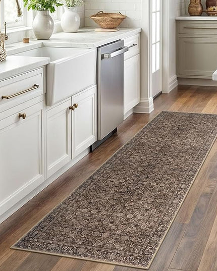 2x6 Washable Runner Rug for Hallways, Rust Reddish Brown Soft Neutral Vintage Kitchen Rugs with Non-Slip, Non-Shedding Distressed Floral Rug for Bedroom Kitchen Porch Laundry Entryway