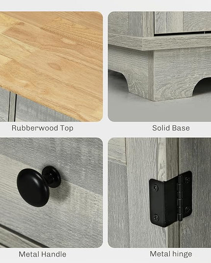 HOMCOM Sideboard with Solid Wood Countertop, Modern Kitchen Storage Cabinet, Coffee Bar Cabinet with 3 Drawers, Doors and Adjustable Shelf, Distressed Light Gray