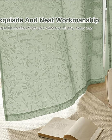 Anmao Sage Green Semi Sheer Light Filtering Curtains 72 Inches Long 2 Panels, Leaf Pattern Drapes for Living Room Bedroom, Rod Pocket Sheer Window Treatments with Floral Design, 52x72 Inch