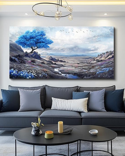 XIGUANGART Canvas Wall Art for Living Room Blue Flowers Tree of Life Art Prints Painting Landscape Nature Picture Modern Artwork Wall Decor for Bedroom Kitchen Home Office Mural Posters Gift 30"X60"