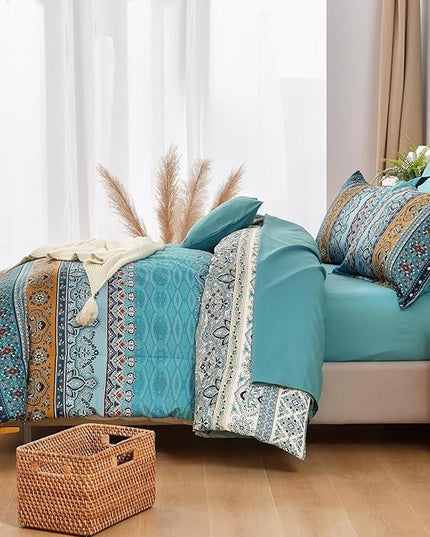 Boho Full Comforter Set 8 Pieces,Teal and Yellow Bohemian Comforter Paisley Striped Bed in A Bag,Soft Microfiber Bedding Set for All Season