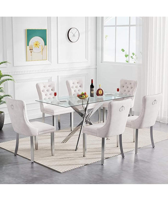 51" Glass Dining Table Set for 6, Modern Dining Room Table Set for 6, Silver X-Shape Pedestal Glass Table with 6pcs Beige Dining Chairs, 7 Piece Dining Set for Dining Living Room