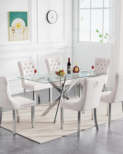 60" Glass Dining Table Set for 6, Modern Dining Room Table Set for 6, Silver X-Shape Pedestal Glass Table with 6pcs Beige Dining Chairs, 7 Piece Dining Set for Dining Living Room