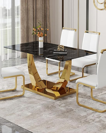 63” Dining Room Table Set for 4,Modern Gold Dining Table Set for 4 with PU Leather Chairs,Black Faux Marble Dinner Table Set with Tempered Glass Top and Golden Base