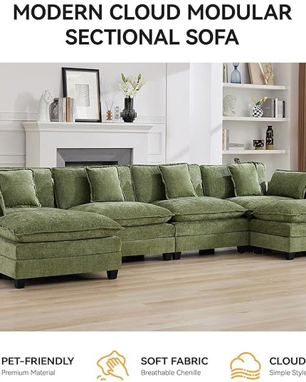 147'' Sectional Cloud Deep Seat Couch, Oversized Chenille U Shaped Sectional Sofa for Living Room Set, Comfy Upholstered Modular Sectional Sofa Couch with Movable Ottoman, Green