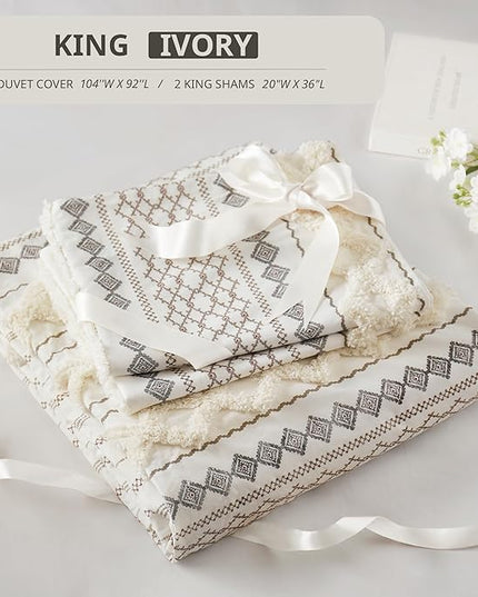 INK+IVY Imani 100% Cotton Duvet Mid Century Modern Design, All Season Comforter Cover Bedding Set, Matching Shams, King/Cal King, Ivory Chenille Tufted Accent 3 Piece