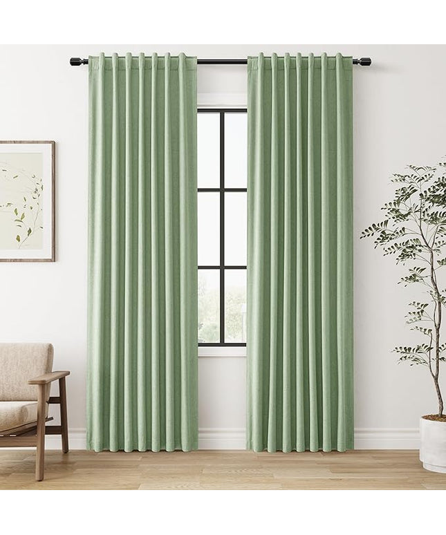 Guken 100% Blackout Linen Curtains 84 Inch Length 2 Panels Set for Living Room Bedroom Back Tab Thermal Insulated Black Out Linen Drapes Room Darkening Window Curtains 84 Inches Long,Light Sage