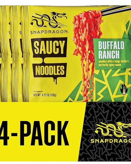 Snapdragon Saucy Instant Noodles with Spicy Buffalo Ranch Slurpable Sauce - Quick Meal, Snack, and Lunch. 4-Pack Microwave Noodles for Cup, Bowl, Ramen or Asian Stir Fry