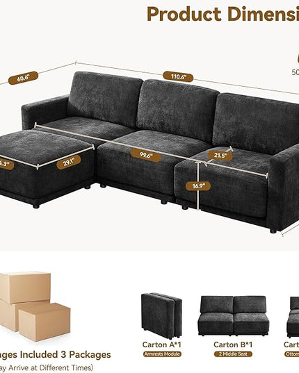 110.6" L Shaped Modular Sectional Sofa Modern Chenille Comfy Couch with Thickened Seat Cushions, Easy Assembly, Upholstered 4 Seater Couch with Movable Ottoman for Living Room, Black