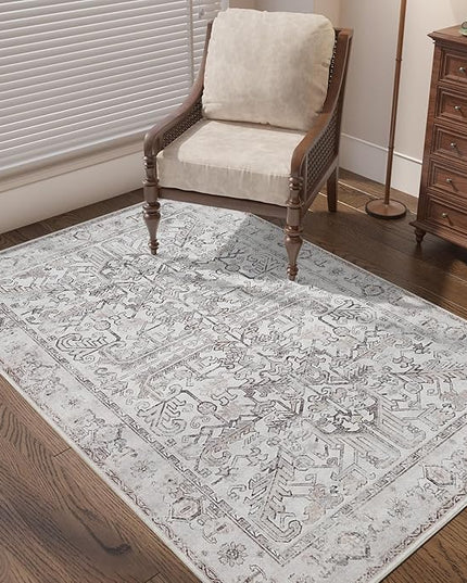jinchan Lima Vintage Area Rug 3x5 for Entryway - Machine Washable Stain Resistant Non-Slip Low Pile Ultra-Thin Floral Print Indoor Rug for Kitchen Bedroom Living Room (3x5ft, Taupe)