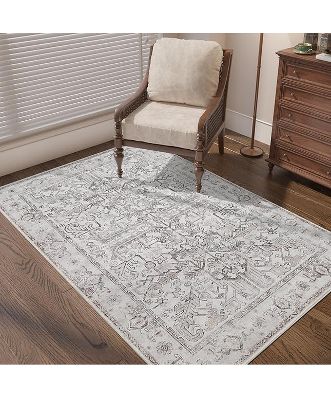 jinchan Lima Vintage Area Rug 3x5 for Entryway - Machine Washable Stain Resistant Non-Slip Low Pile Ultra-Thin Floral Print Indoor Rug for Kitchen Bedroom Living Room (3x5ft, Taupe)