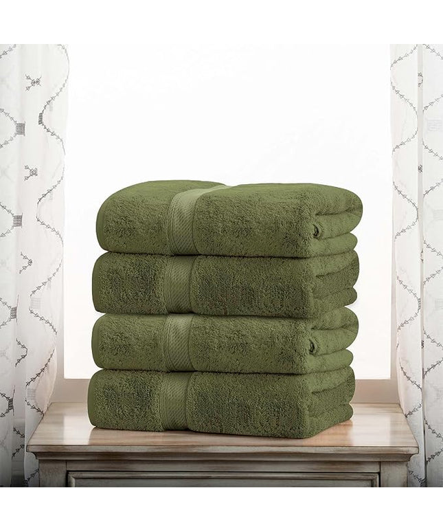 Superior Egyptian Cotton Pile Bath Towel Set of 4, Ultra Soft Luxury Towels, Thick Plush Essentials, Absorbent Heavyweight, Guest Bath, Hotel, Spa, Home Bathroom, Shower Basics, Forest Green