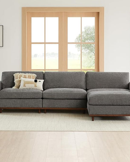 CHITA Super Large Luxury L Shape Convertible Sectional Modular Sofa, Down Filled Modern Sofa with Ottoman, Deep Seat Cloud Couch, 118 inch Width, 4 Seat Couch with Solid Wood Leg, Grey