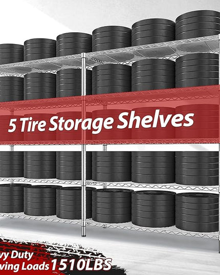 REIBII 69.8" W Storage Shelves 1510LBS Wire Shelving Unit 5 Tier Metal Shelving for Storage Rack Shelves Adjustable Heavy Duty Garage Shelf Pantry Shelves Kitchen Shelving,69.8"Wx15.8"Dx72.4"H,Chrome