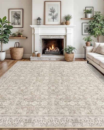 9x12 Area Rug, Cream Beige White Grey Large Washable Rug for Living Room with Non-Slip Soft Vintage Bedroom Rugs Traditional Farmhouse Carpet for Nusery Dining Room Office Home Décor