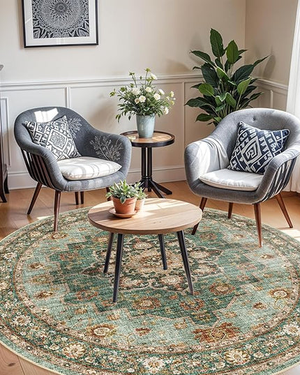Washable Oriental Area Rug - 4ft Round Rugs for Living Room Soft Carpet for Bedroom Waterproof Floral Distressed Indoor Stain Resistant Non-Shedding Floor Carpets (Green, 4ft-Round)