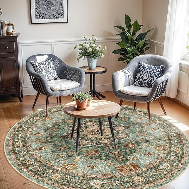 Washable Oriental Area Rug - 6ft Round Rugs for Living Room Soft Carpet for Bedroom Waterproof Floral Distressed Indoor Stain Resistant Non-Shedding Floor Carpets (Green, 6ft-Round)