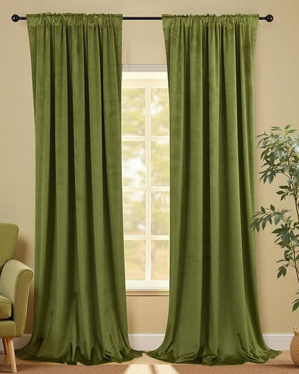 KOUFALL Extra Long 102 Inch Velvet Blackout Curtains for Living Room,Olive Green Luxury Vintage French Country Cottage Core Pleated Drapes for Sliding Glass Doors