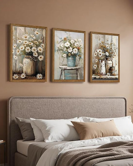 DUWQU 3 Piece Framed Elegant Farmhouse Canvas Wall Art, Vintage Floral Pictures Art Wall Decor, Nature Themed Daisy Art Prints for Living Room Bedroom Kitchen and Office Ready to Hang 16×24 Inches