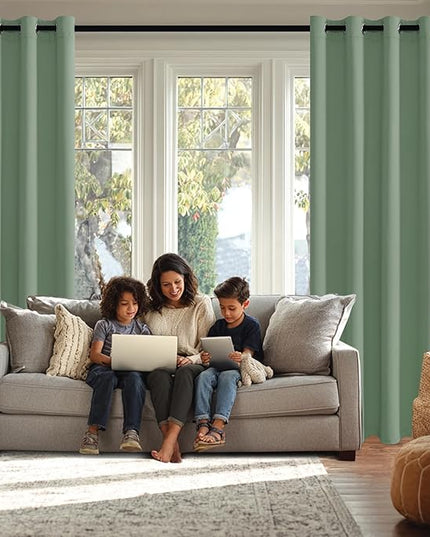JIUZHEN Light Sage Blackout Curtains with Tiebacks Thermal Insulated, Light Blocking and Noise Reducing Grommet Curtains for and Living Room, Set of 2 Window Curtain Panels, 70 x 96 Inch Length