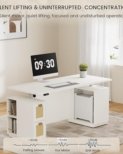 71" Standing Desk with Storage, Large One-Piece Desktop, Electric Height Adjustable Stand Up Executive Desk, Privacy Panel, AC/USB, Host Storage, White Rattan