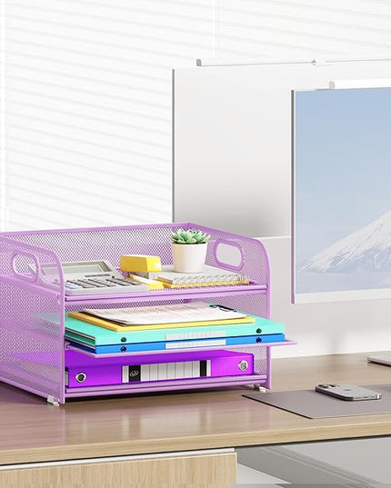 3 Tier Paper Organizer with Handle, Metal Desk Organizer Mesh Paper Letter Tray Desktop File Folder Document Sorter for Classroom, School, Office Accessories Organization and Storage - Purple