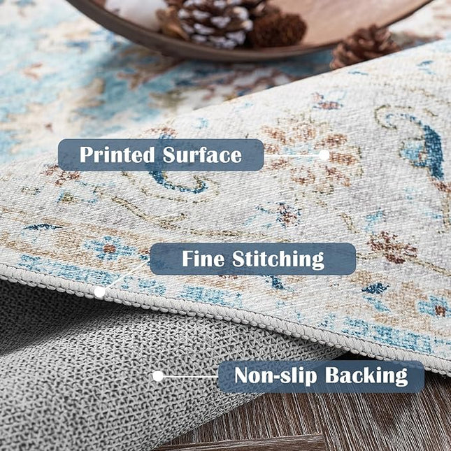 jinchan Round Rug 7ft Area Rug - Washable Boho Vintage Floral Circle 7' Round Floor Cover Lightweight Low Pile Thin Throw Non-Slip Carpet for Kitchen Living Room Bedroom Dining Room Office Light Blue