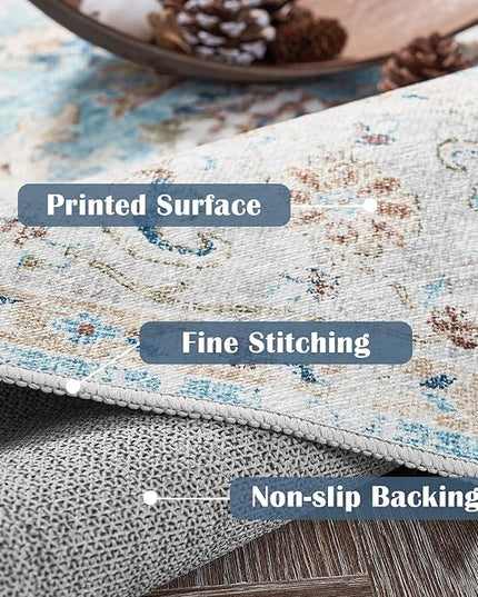 jinchan Round Rug 8ft Area Rug - Washable Boho Vintage Floral Circle 8' Round Floor Cover Lightweight Low Pile Thin Throw Non-Slip Carpet for Kitchen Living Room Bedroom Dining Room Office Light Blue