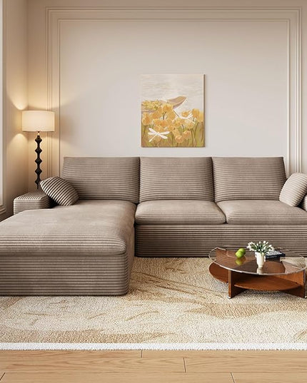 107" Cloud Couch Modular Sectional Sofa for Living Room, L-Shape Boneless Couch with Deep Seat, Modern Corduroy 3-Seater, No Assembly Required (Camel,Left-Facing Chaise)