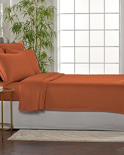 Pure Bamboo Queen Sheets, Genuine 100% Organic Viscose Derived from Bamboo Bed Sheet Set, Luxuriously Soft & Cooling, Double Stitching, 2 Year Quality Promise (Queen, Terracotta)