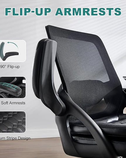 Big and Tall Office Chair, 500lbs Mesh Heavy Duty Ergonomic Desk Chair with Flip-up Armrests, Plus Size Wide Seat in PU Leather, 360 Swivel Computer Executive Task Chair for Home Office (Black)