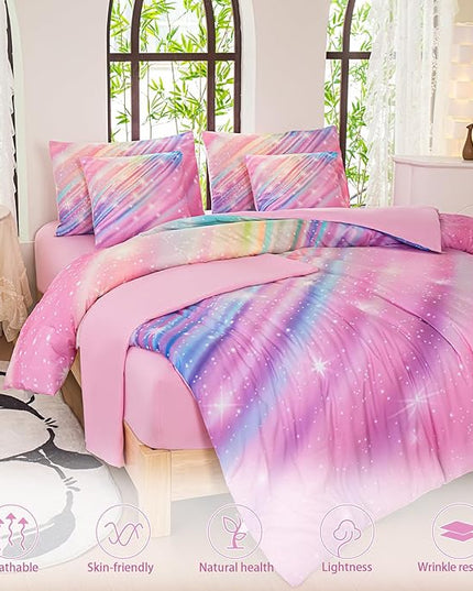 Twin Comforter Set for Girls Galaxy Bedding 7pieces, Ombre Bedding Comforter Sets Rainbow Comforter, Twill Pink