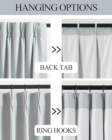 Vision Home Blue Gray Pinch Pleated Full Blackout Curtains Linen Blended Room Darkening Window Curtains 90 inch for Living Room Bedroom Thermal Insulated Pinch Pleat Drapes with Hooks 40" Wx90 Lx2
