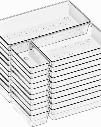 Criusia 30 Pack Large Clear Plastic Drawer Organizer Bins - Acrylic Kitchen Drawer Organization and Storage Dividers for Utensils Gadgets, Office Bathroom and Vanity Organizer for Makeup Accessoires