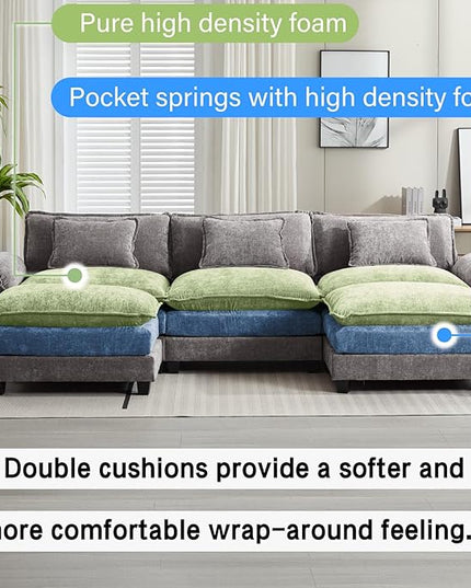 120" Modular Sectional Sofa, Comfy Cloud Couch Sectional Sofa with Ottoman, Chenille Sofa Sleeper Deep Seat Sofa with Throw Pillows for Living Room (Light Gray, 120"- U Shape)