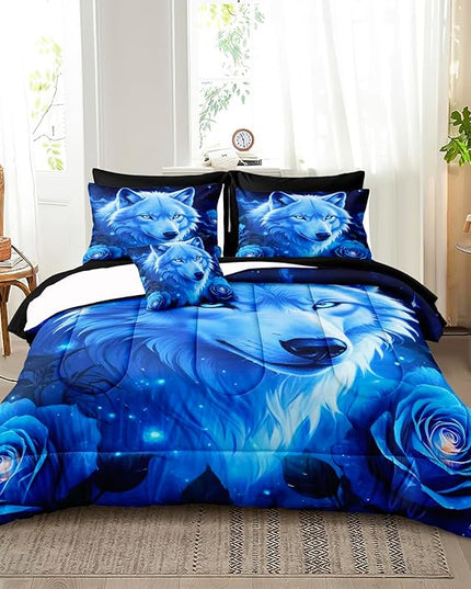 Bedbay Wolf Comforter Set Queen Size Rose Floral Bedding Set Blue Galaxy Sky Wolf Print Queen Bed in a Bag Set Boys Teen Room Decor Wild Animal Bedding Comforter Set with Sheets (Wolf,Queen)