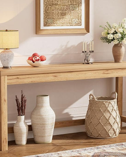 Cyclysio 63" Console Tables for Entryway, Long Console Tables for Living Room, Behind Couch Table, Sturdy Wood Support Farmhouse Entryway Table with 3AC+2USB Charging‌ Station, Natural Oak